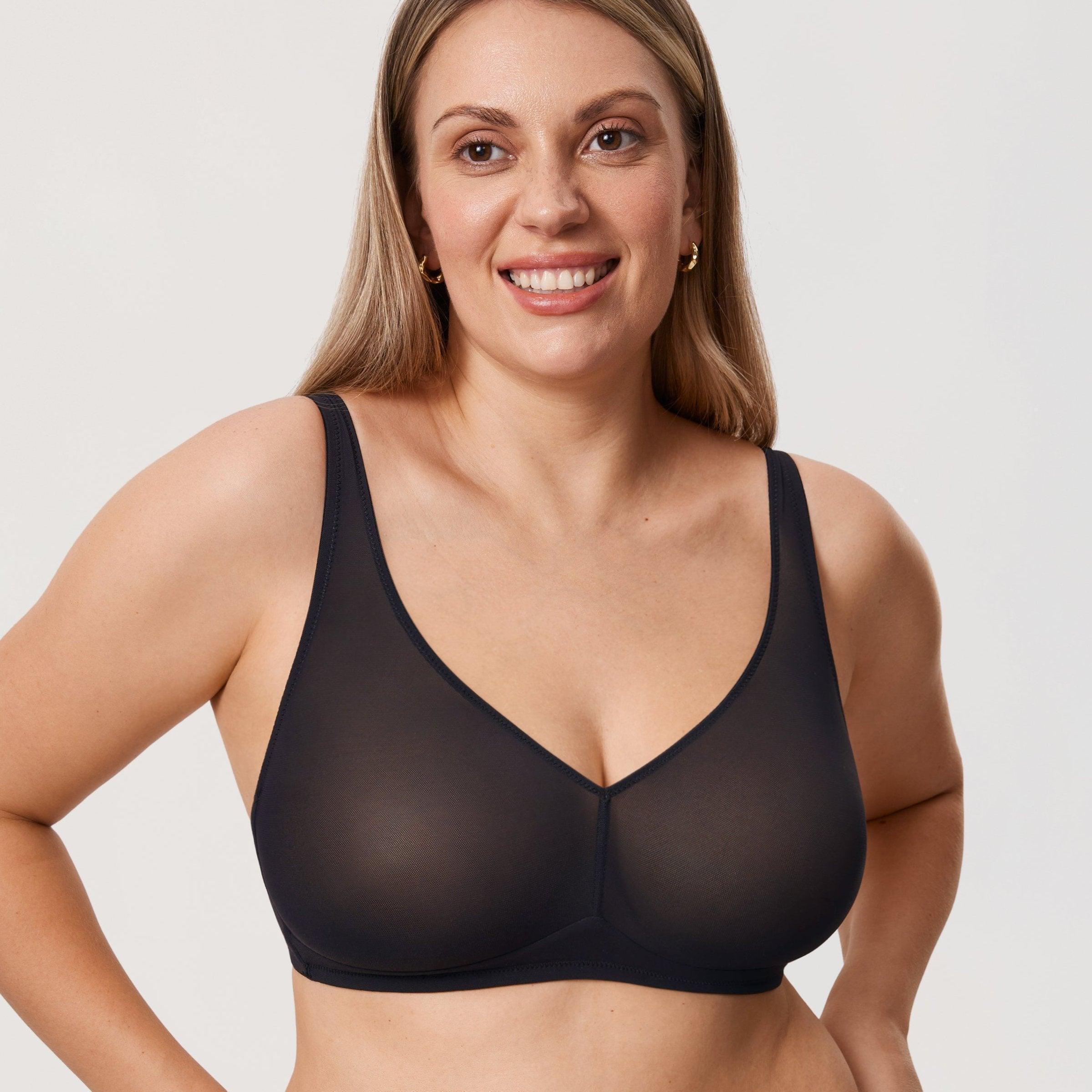 Front view of black full cup bra with sheer unlined cups and wide shoulder straps - MissFine