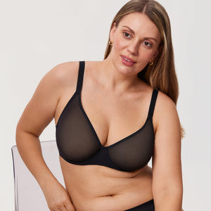 Side angle of nude seamless underwired bra showing smooth mesh cups and plunge shape - MissFine