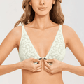 Front view of lace plunge underwire bra with front clasp and adjustable straps in white - MissFine