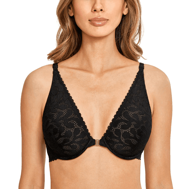 Close-up of floral lace detail and front closure clasp on light green underwire bra - MissFine