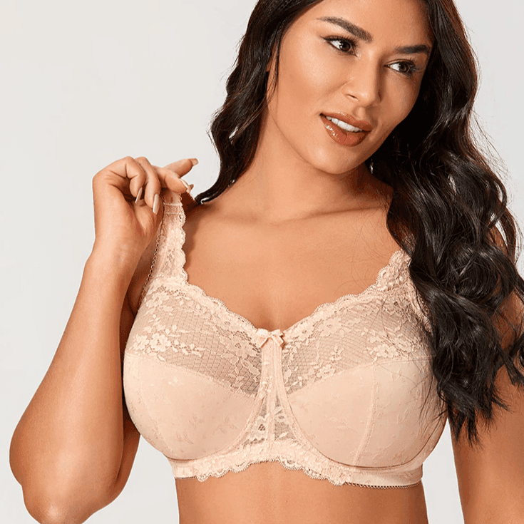 Front view of black plus size full coverage lace bra with underwire and wide straps - MissFine