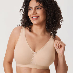 Front view of plus size cream full cup non wired bra with V-neck and bow detail - MissFine