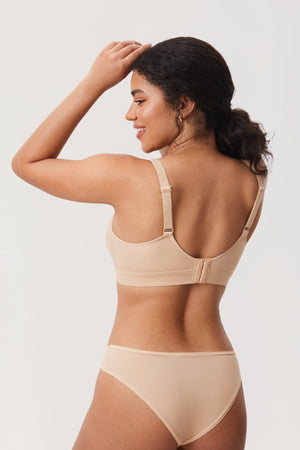 Back view of nude wireless bra with wide straps and hook-and-eye back closure - MissFine
