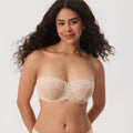 Front view of nude lace demi cup strapless bra with molded cups and underwire - MissFine