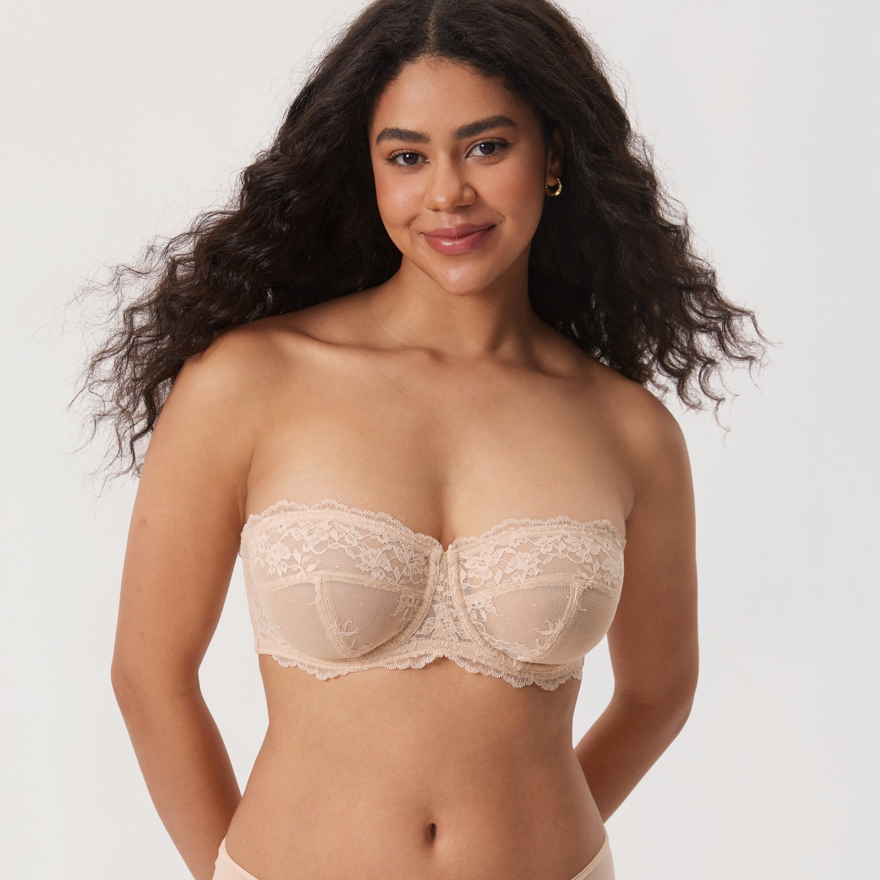 Front view of nude lace demi cup strapless bra with molded cups and underwire - MissFine