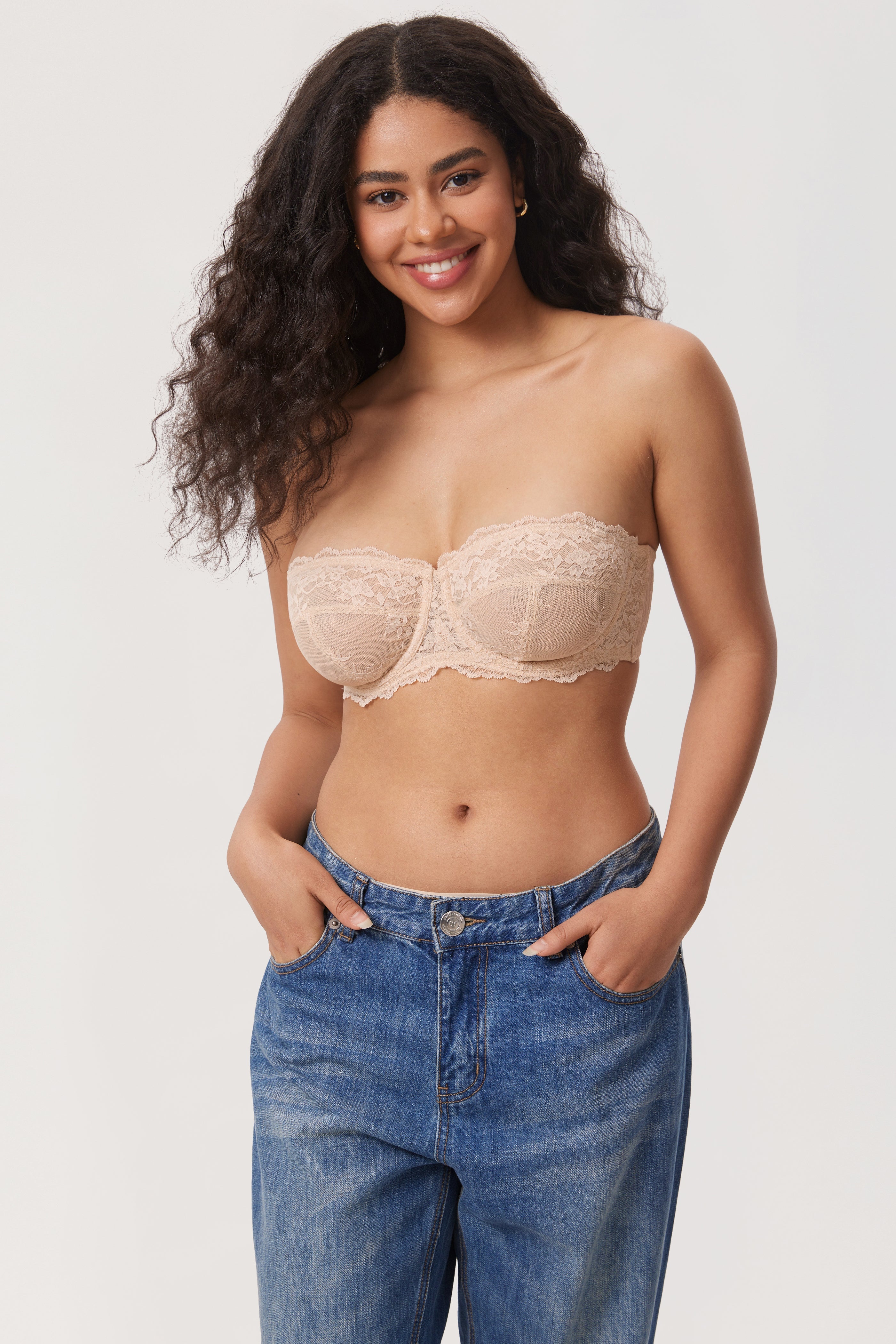 Front view of pink lace strapless balconette bra showing scalloped cup edge - MissFine
