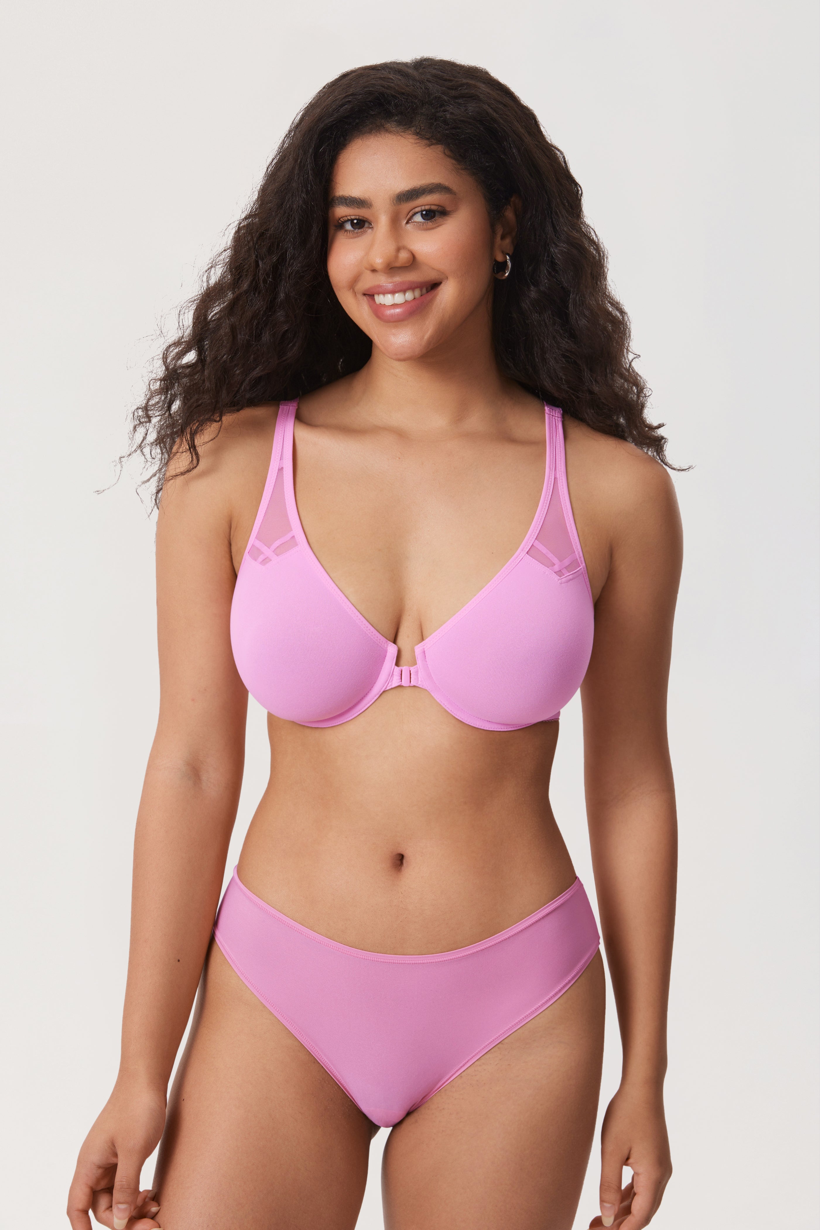 Angled view of candy pink front closure bra showing breathable smooth fabric - MissFine