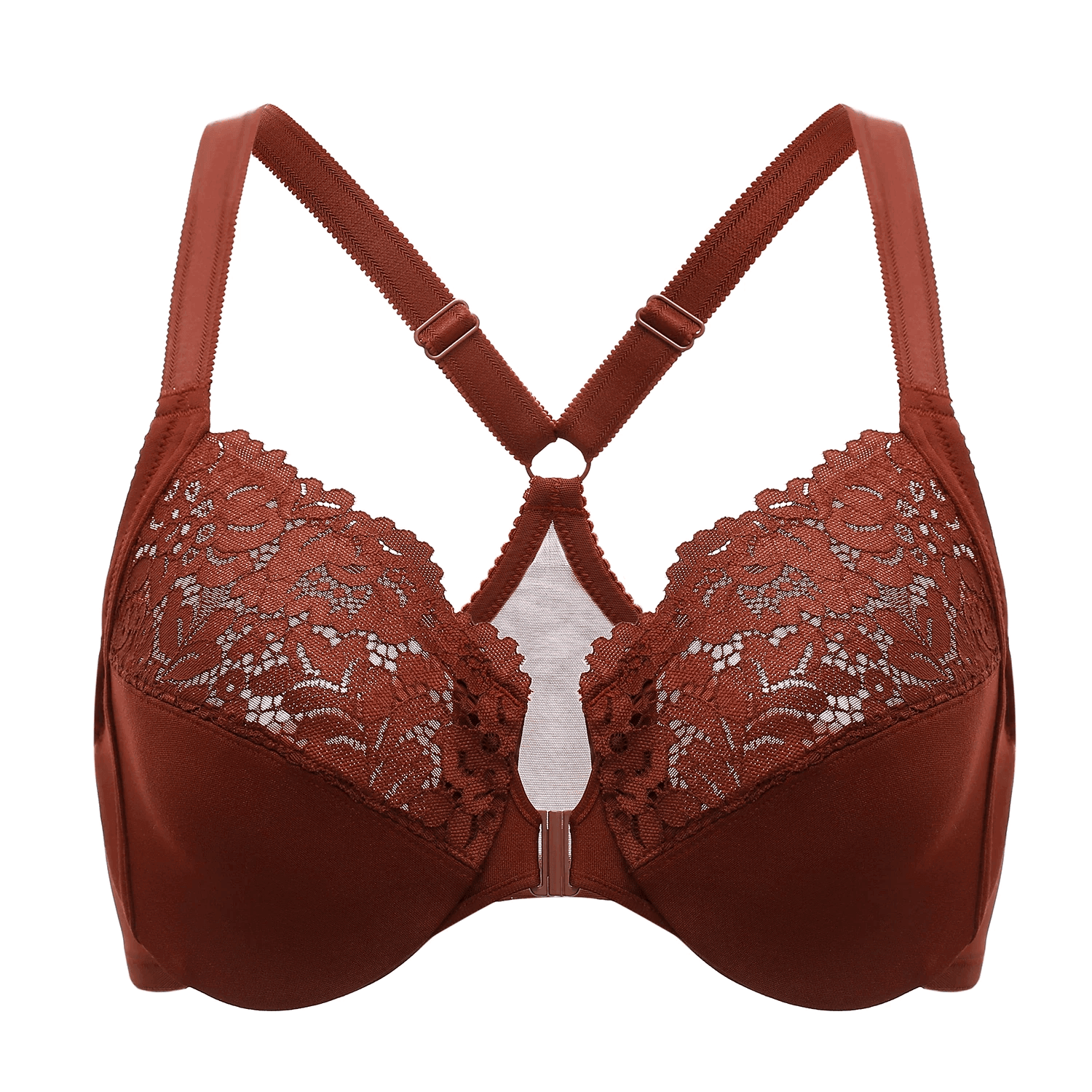 Close-up of delicate lace overlay and center front detail on lightly padded smooth cups - MissFine