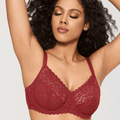 Front view of burgundy lace underwired padded bra with plunge demi neckline and scalloped cups - MissFine