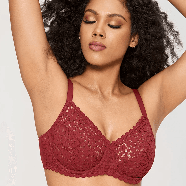 Front view of burgundy lace underwired padded bra with plunge demi neckline and scalloped cups - MissFine