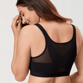 Front view of black wire-free full cup bra with zip front closure and wide straps - MissFine