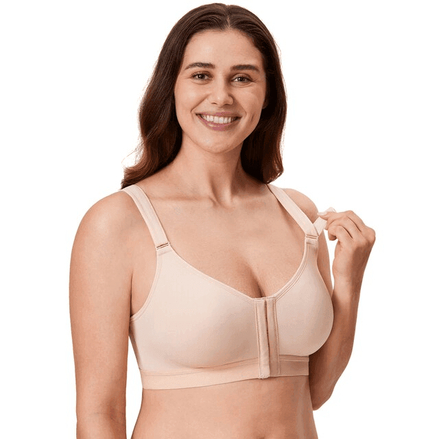 Side angle of nude front closure plus-size bra highlighting wide underband and straps - MissFine