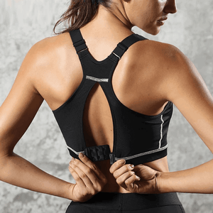 Front view of black full coverage plus size racerback sports bra on mannequin - MissFine