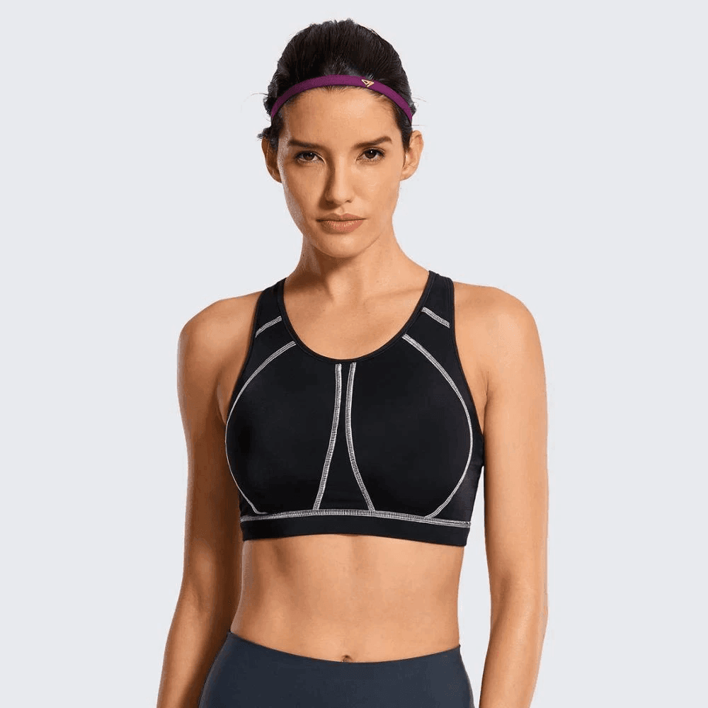 Close-up of stretch fabric and contrast piping details on black orthopedic sports bra - MissFine