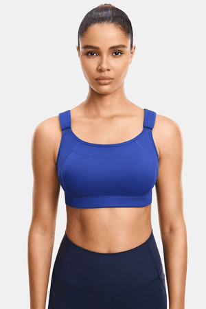 Back view of pull-on full cup sports bra with wide strap design and smooth band - MissFine