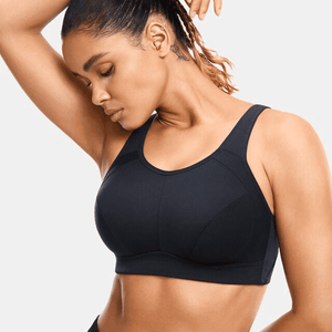Front view of black full coverage sports bra with wide straps and smooth underband - MissFine