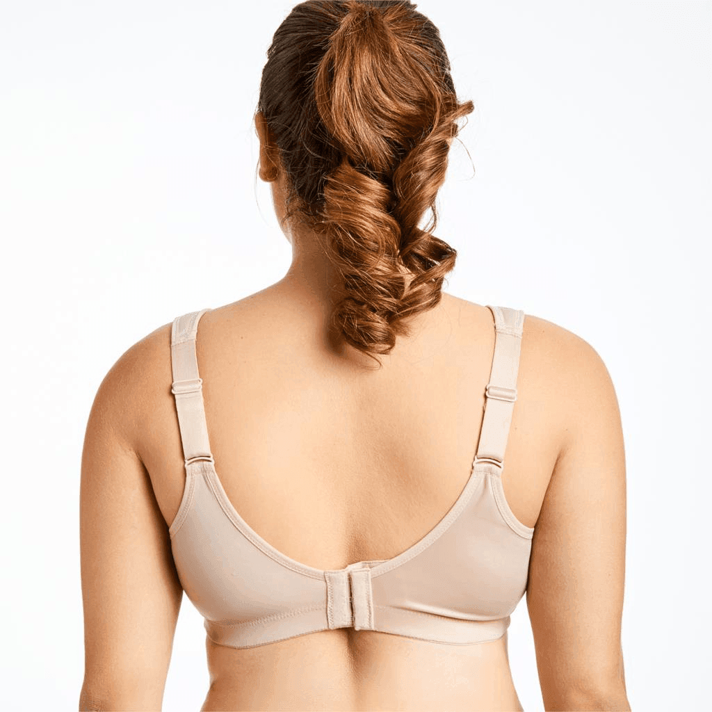 Back view of beige sports bra showing wide orthopaedic support band and hook-and-eye closure - MissFine