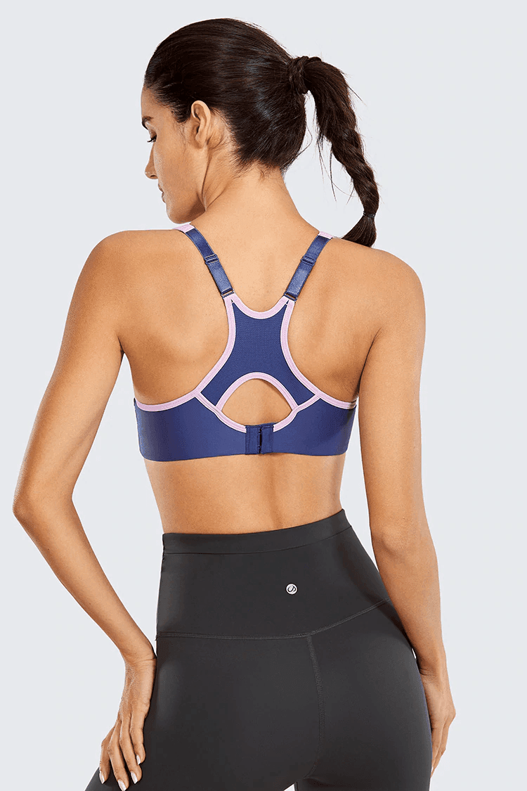 Close-up of adjustable multiway straps with contrast piping on plus size sports bra - MissFine