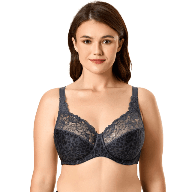 Front view of charcoal leopard full cup minimiser bra with lace upper cups and underwire support - MissFine