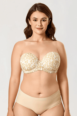 Side angle showing underwired support and smooth convertible strap attachment on leopard bra - MissFine