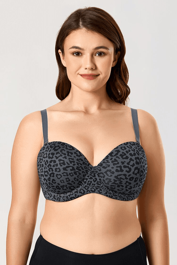 Close-up of molded foam leopard cups and low plunge center gore detail on strapless bra - MissFine