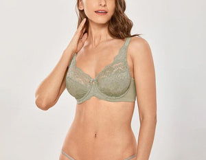 Close-up of sage green lace full cup bra neckline, scalloped edge and small bow detail - MissFine