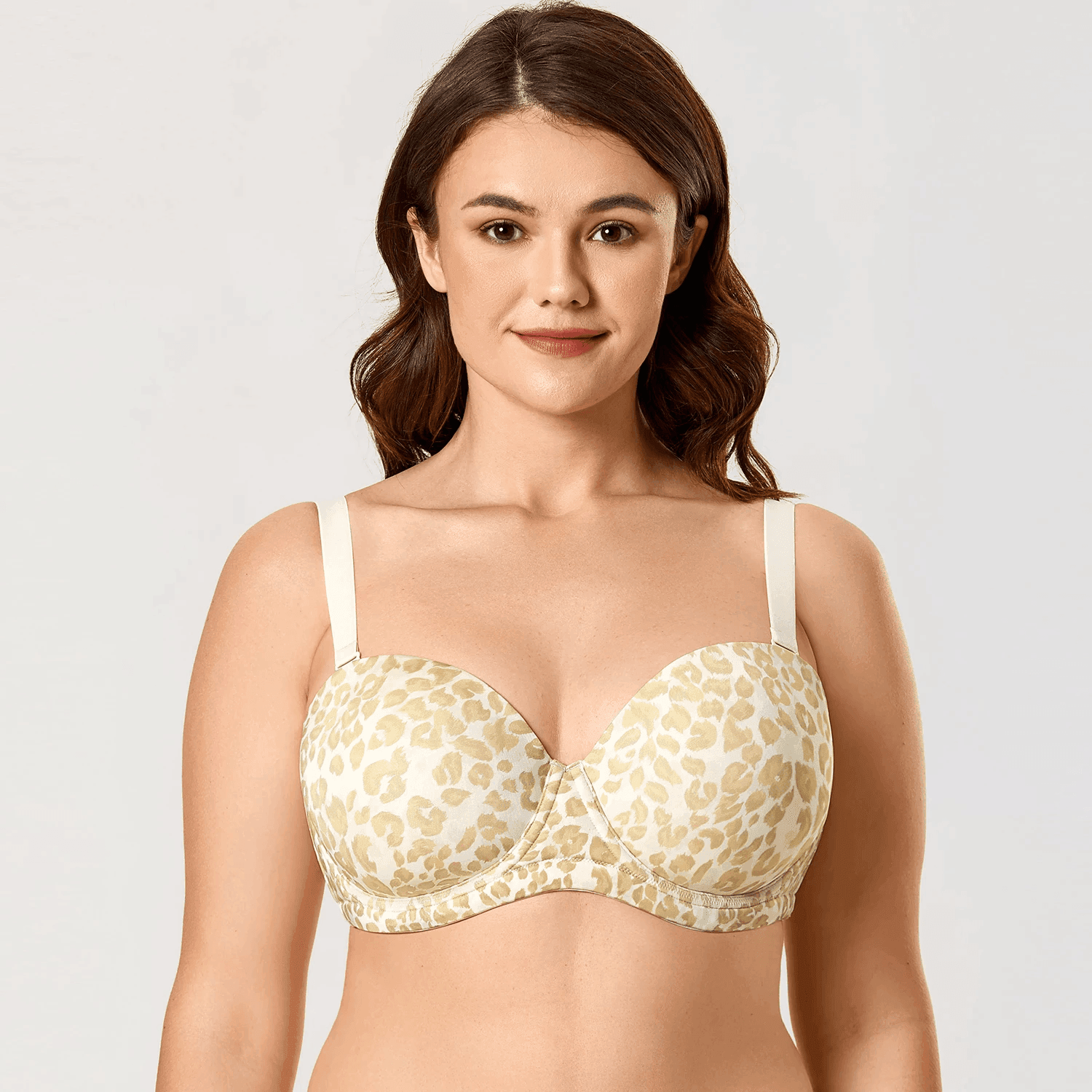 Front view of leopard print full cup strapless bra with molded padded cups - MissFine