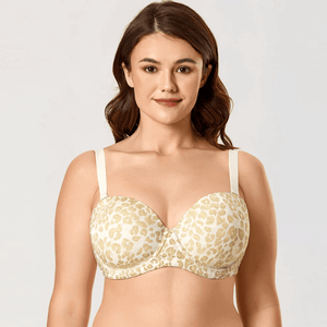 Front view of leopard print full cup strapless bra with molded padded cups - MissFine