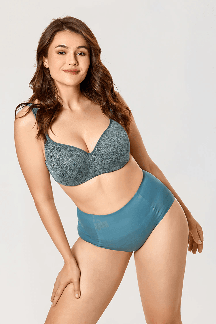 Side angle showing padded full cup shape and wide adjustable strap support - MissFine