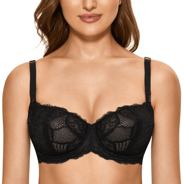 Front view of black lace balconette bra with floral overlay and supportive underwire structure - MissFine