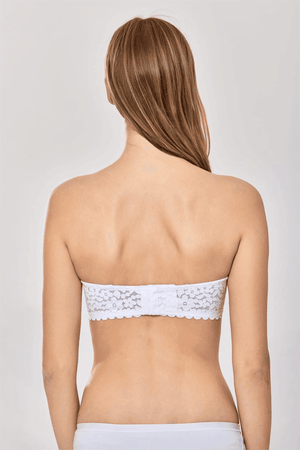 Back view of white strapless bandeau bra showing wide lace band and hook-back closure - MissFine
