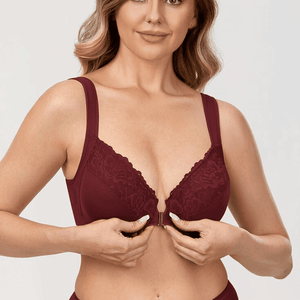 Front view burgundy plunge full figure bra with molded cups and lace trim - MissFine