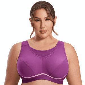 Close-up of breathable mesh center panel and molded full-coverage cups on black sports bra - MissFine