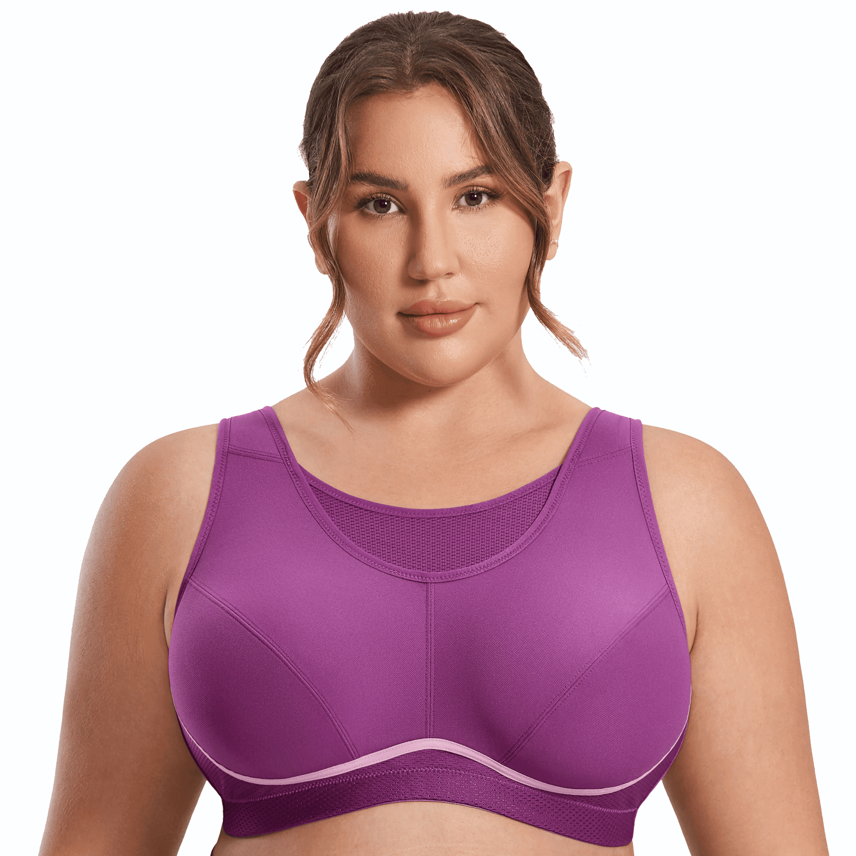 Close-up of breathable mesh center panel and molded full-coverage cups on black sports bra - MissFine