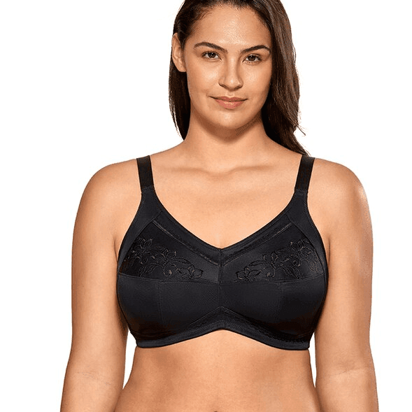 Front view of black full cup plus size bra with wide straps - MissFine