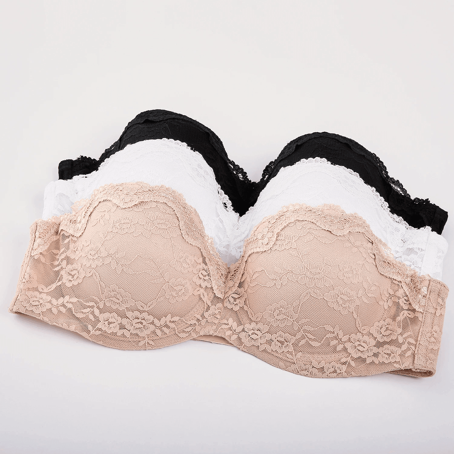Front view of white padded strapless bra with smooth seamless cups and lace trim - MissFine