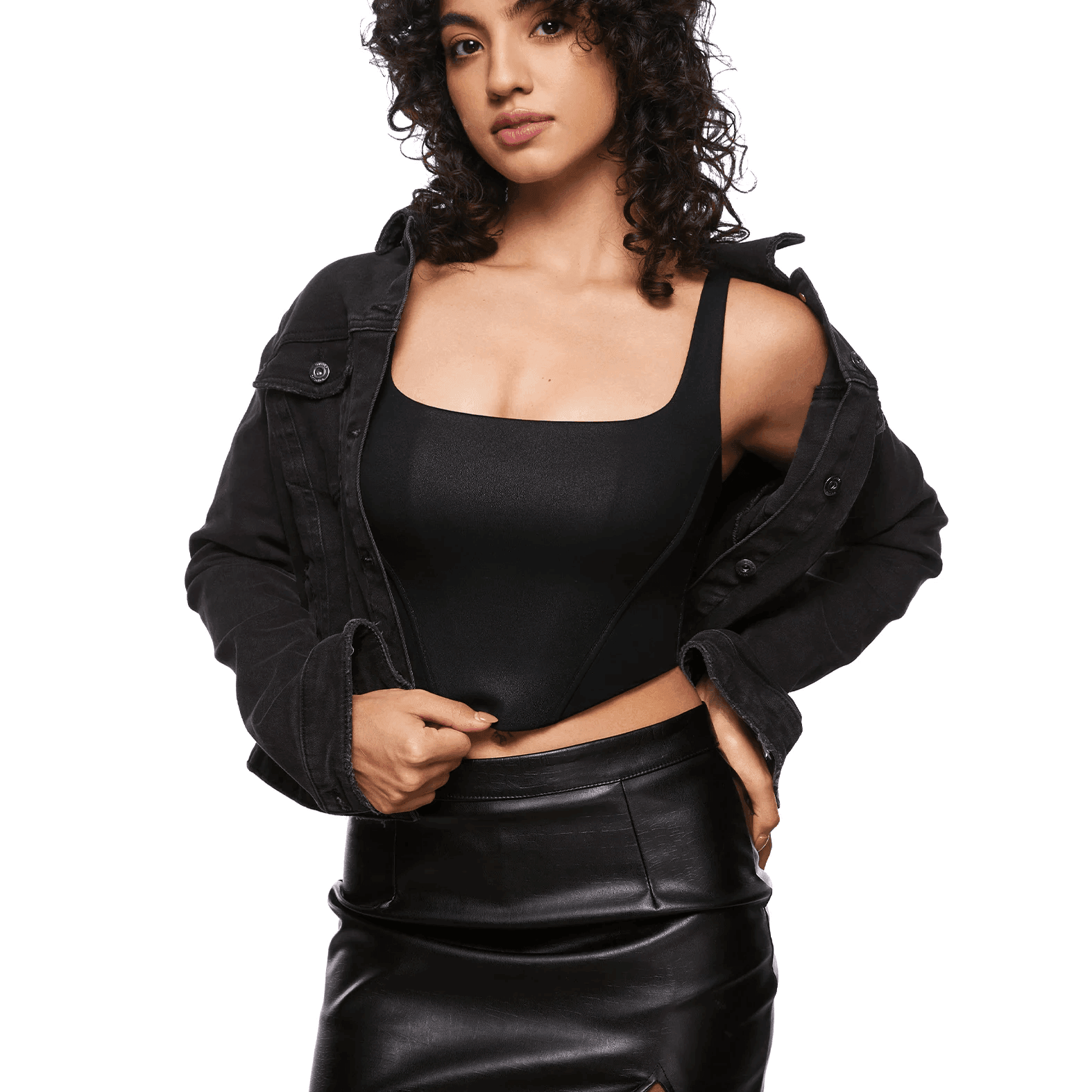 Side angle of molded plunge bra top showing smooth seamless cups and midriff length - MissFine