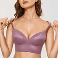 Front view of purple plus size plunge bra with molded padded cups and lace trim - MissFine