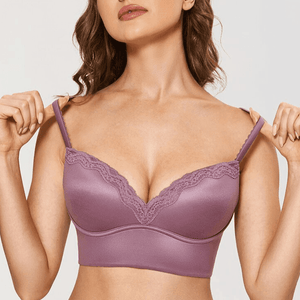Front view of purple plus size plunge bra with molded padded cups and lace trim - MissFine