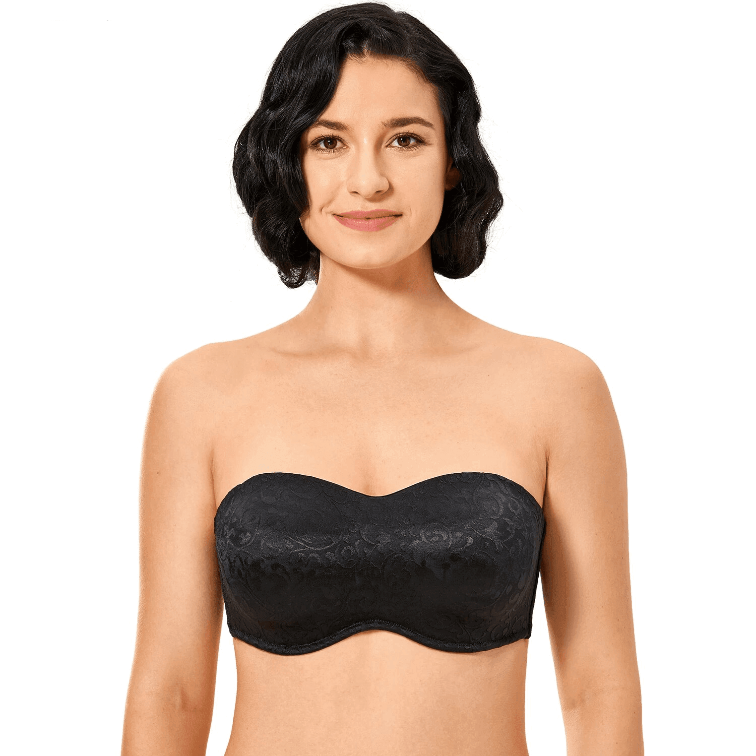 Side angle showing nude strapless bra with moulded minimiser cups and underwire support - MissFine