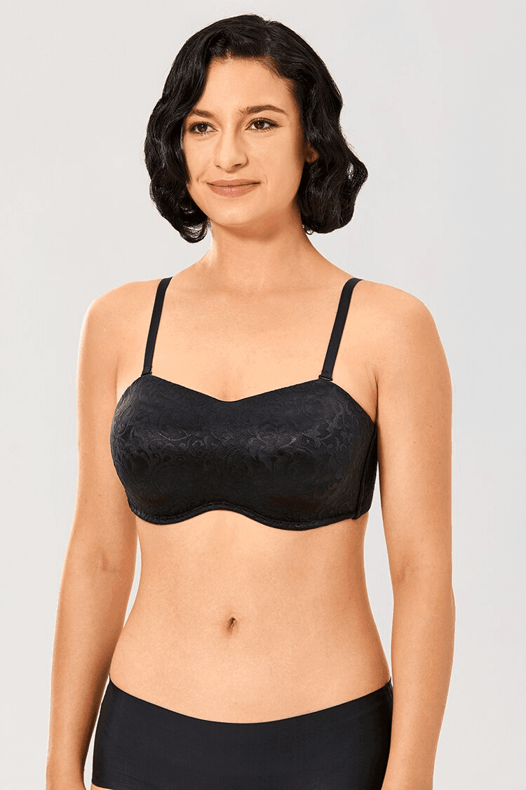 Close-up of textured Greek-inspired lace pattern across full cup strapless bra - MissFine