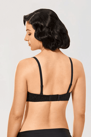 Back view of black bra with adjustable multiway straps and hook and eye closure - MissFine