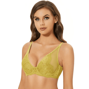 Front view of green lace full cup minimiser bra with underwire and adjustable straps - MissFine