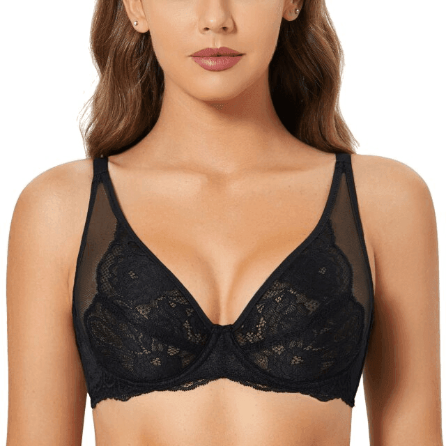 Front view of black lace underwire bra with plunge neckline and full coverage cups - MissFine