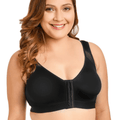 Front view of black plus size front-closure bra with wide straps and full coverage cups - MissFine