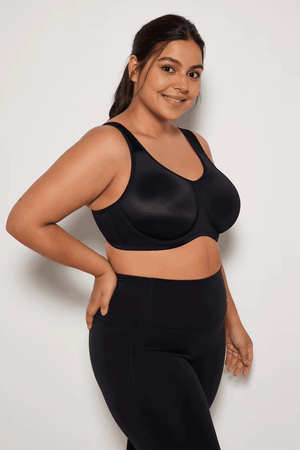 Front view of black full cup padded sports bra with underwire and molded cups for fuller bust sizes - MissFine