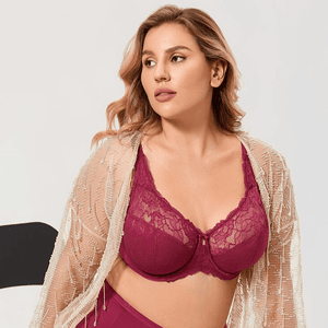 Front view of lilac full cup minimiser bra with lace upper cups and underwire support - MissFine