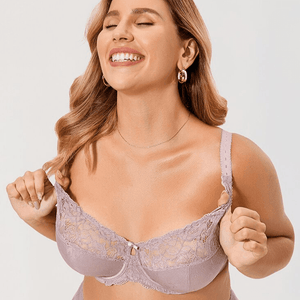 Angled side view showing adjustable straps and smooth minimiser cup shaping in lilac - MissFine