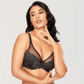 Front view of black lace full coverage plus size bra with underwire and adjustable straps - MissFine