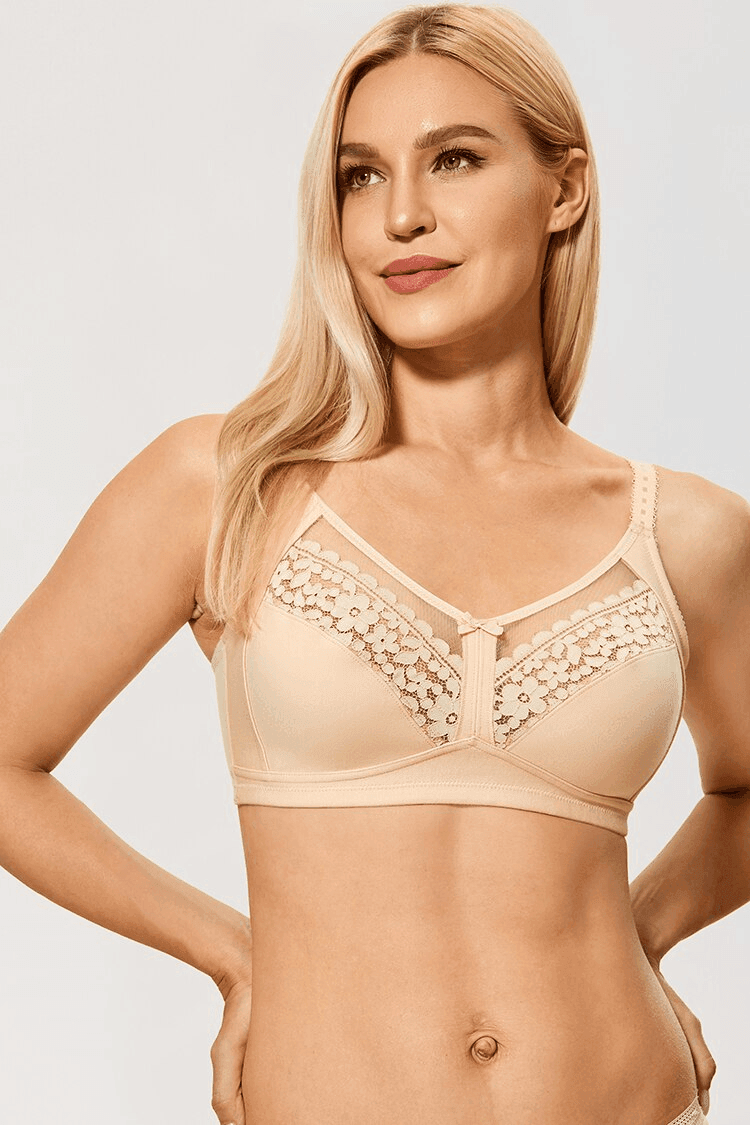 Side angle of white full cup lace bra showing supportive seamed cups and straps - MissFine